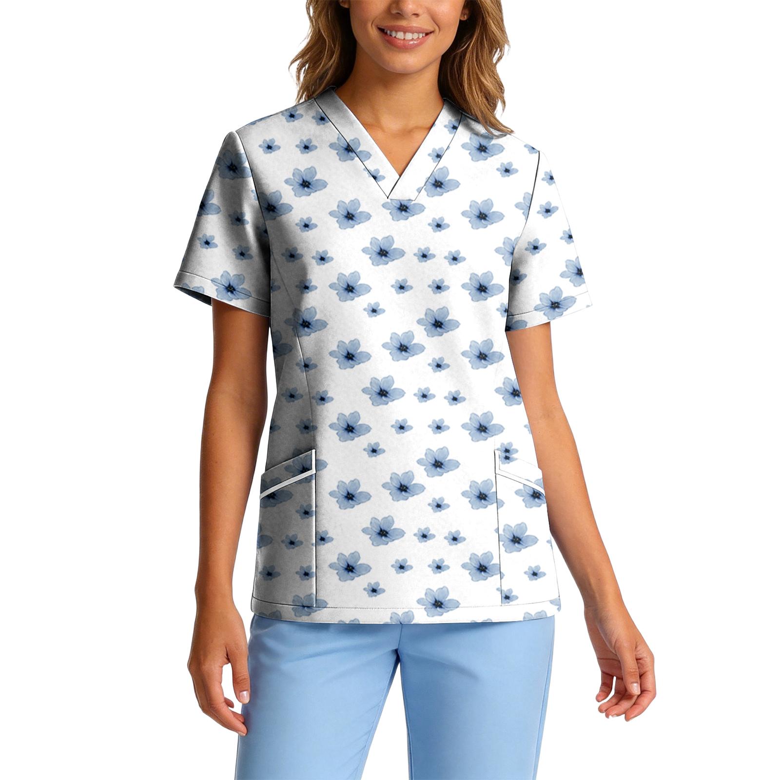 

Women’s Stretch Quick Dry V Neck Short Sleeve Scrub Top with Pockets Floral Print Uniform S