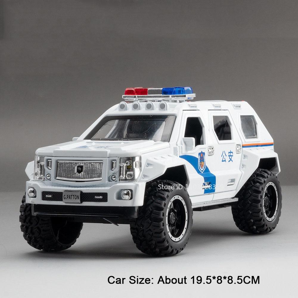 1:24 Off-road Vehicle Miniature Model Toys Alloy Diecast Police Cars Sound Light Doors Opened Pull Back Rubber Tires Kids Gifts