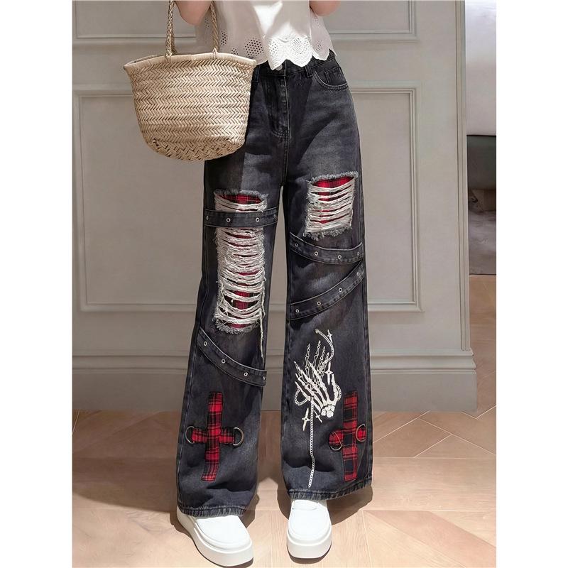 Niche Y2K Distressed Wide-Leg High-Waisted Jeans for Women