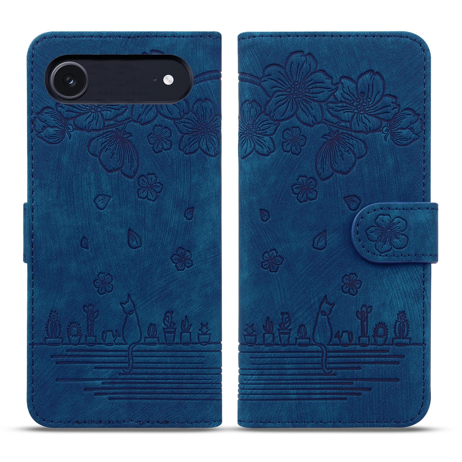 

For iPhone 17 Air Case Cherry Blossom Cat Imprinted Leather Phone Cover with Wrist Strap Blue