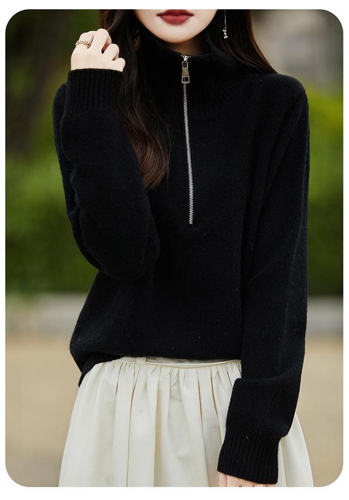 Women's Pure Australian Wool Half-Zipper Casual Lapel Sweater - Long-Sleeved & Thickened Base Layer
