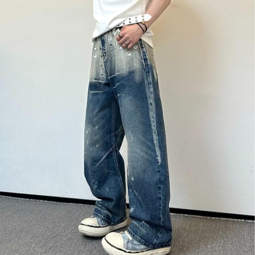 American high street air eye washing gradual change scimitar jeans men's and women's trendy brand splashing ink loose straight wide leg trousers