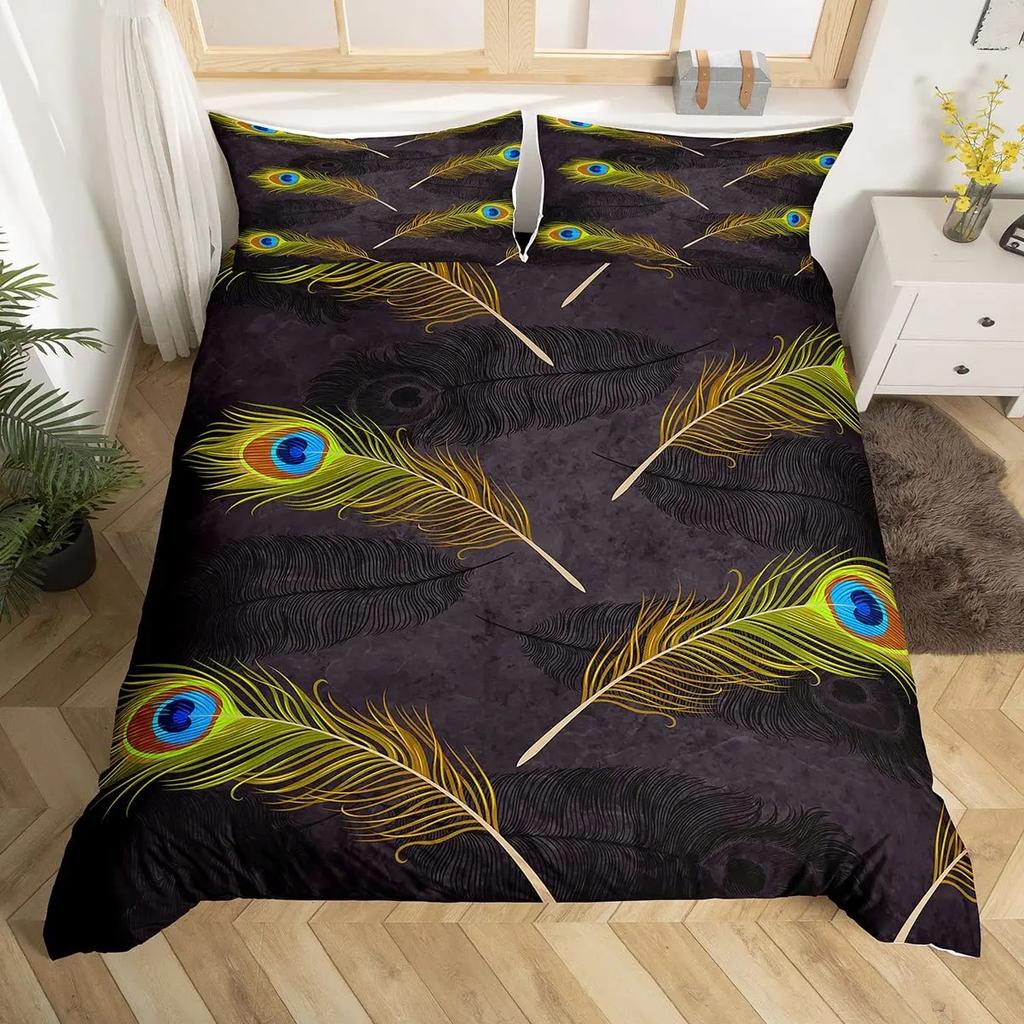 Peacock Feather Duvet Cover Set Full Queen Size Birds Feather Bedding Sets Chic Fantasy Peacock Feathers Comforter Cover 3 Pcs