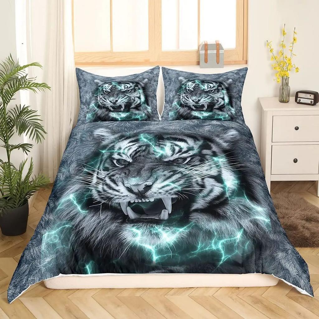Tiger Duvet Set Full Size Tropical Wildlife Themed Bedding Three-Piece Set
