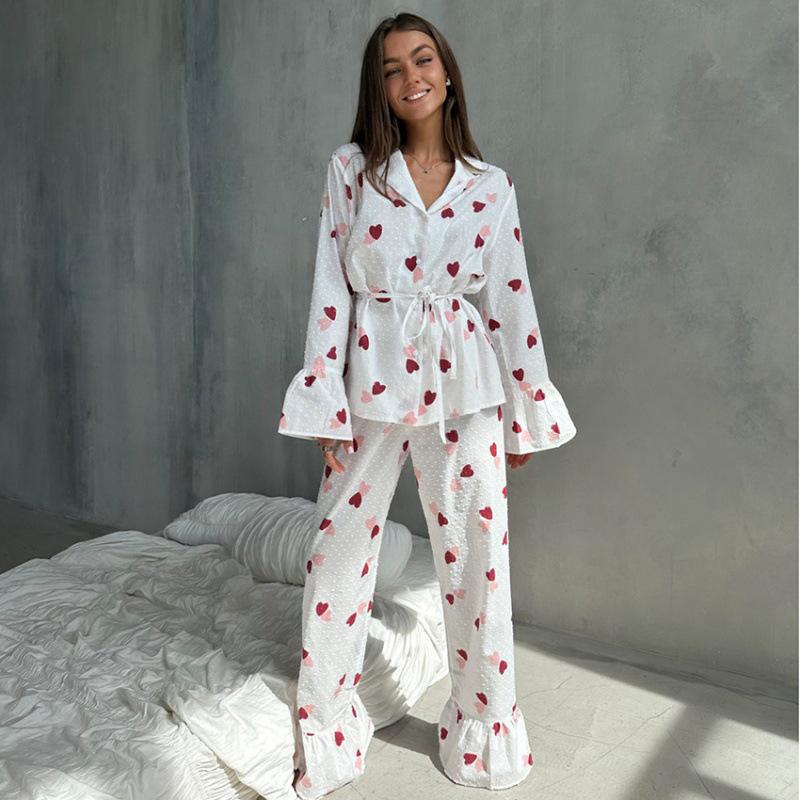 Europäisches und amerikanisches Herbst-Set aus reiner Baumwolle mit Liebesdruck, atmungsaktive und bequeme langärmelige Hose, Damen-Loungewear