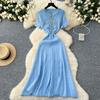 Summer Women Elegant Short Sleeve Denim Patchwork Knitted Sweater Long Midi Party Dresses