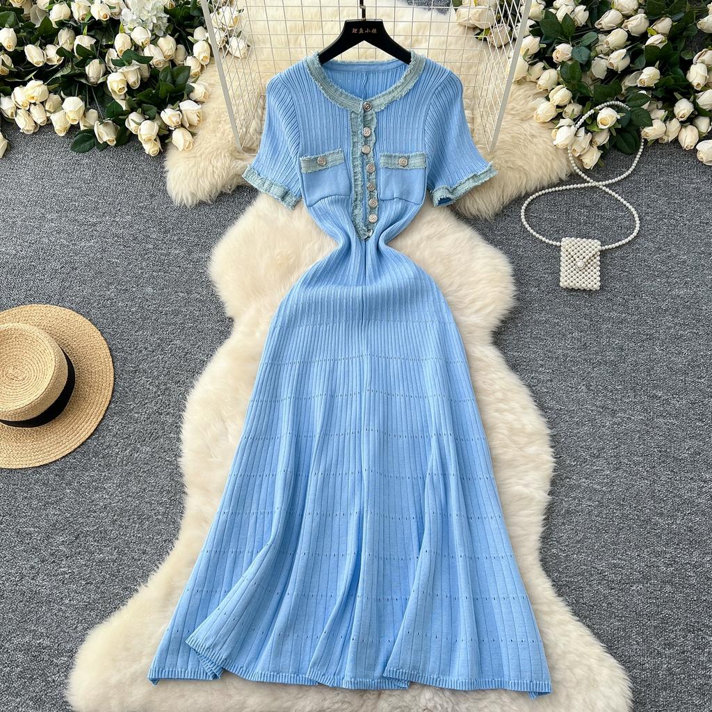 Summer Women Elegant Short Sleeve Denim Patchwork Knitted Sweater Long Midi Party Dresses