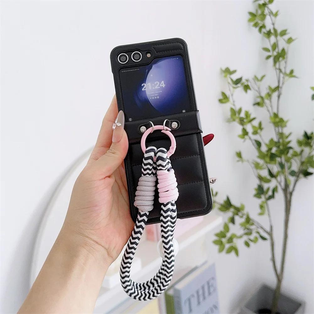 Down Jacket Style PU Leather Cover with Wrist Strap Bracelet For Samsung Galaxy Z Flip 6 5 4 3 Hard Hinge Protective Phone Case