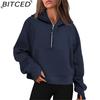 BITCED Autumn/Winter Yoga Wear Women's Sports Half-Zip Hooded Sweatshirt Loose-Fit Fleece-Lined Women's Casual Top