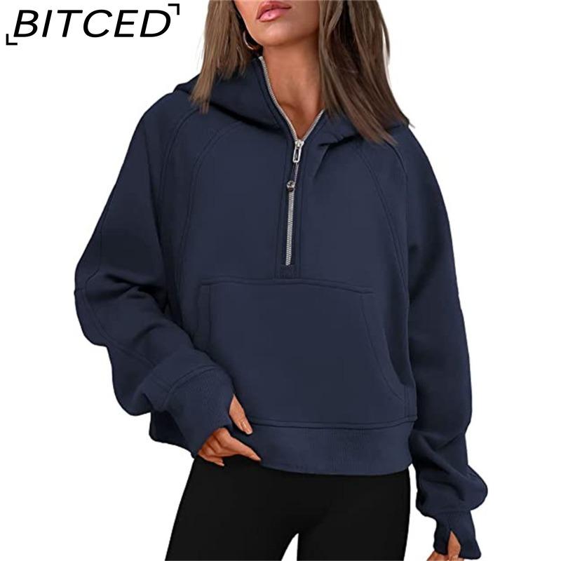 BITCED Autumn/Winter Yoga Wear Women's Sports Half-Zip Hooded Sweatshirt Loose-Fit Fleece-Lined Women's Casual Top