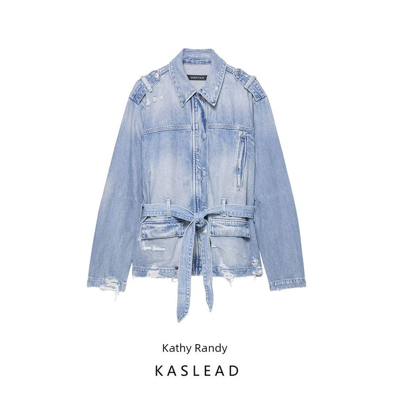 Kaslead New Women Clothes Western Style Fashion Simple Denim Belt Jacket 5252273