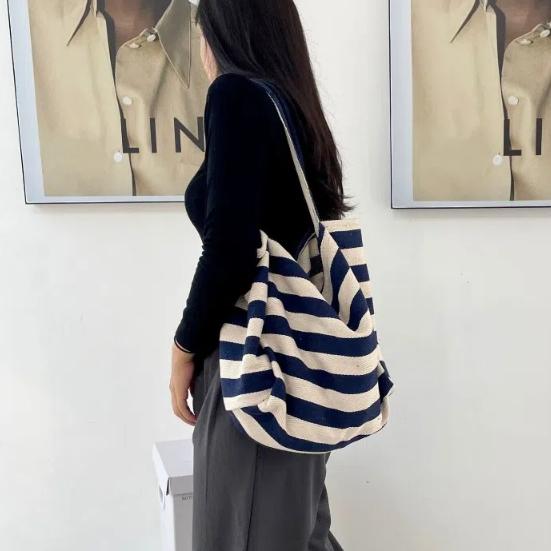 Contrast Color Black White Stripe Bag Large Capacity Thin Straps Tote Bag  Daily