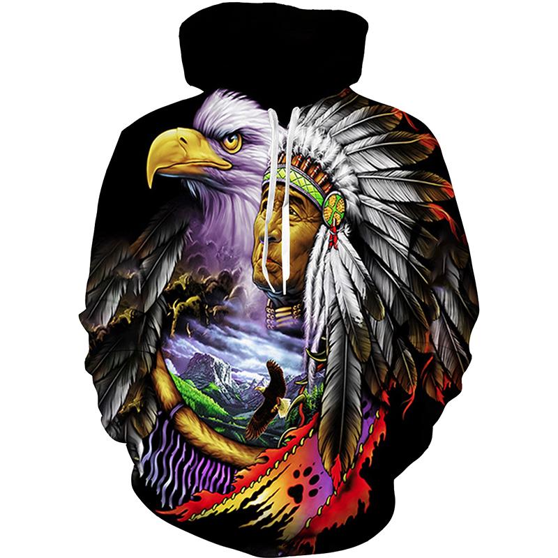 Colorful Jungle Chief Fleece Sweatshirt, Men's Thick Warm Hooded Pullover, Rich Scenic Native Chieftain Motif Hoodie for Artistic Street Matching