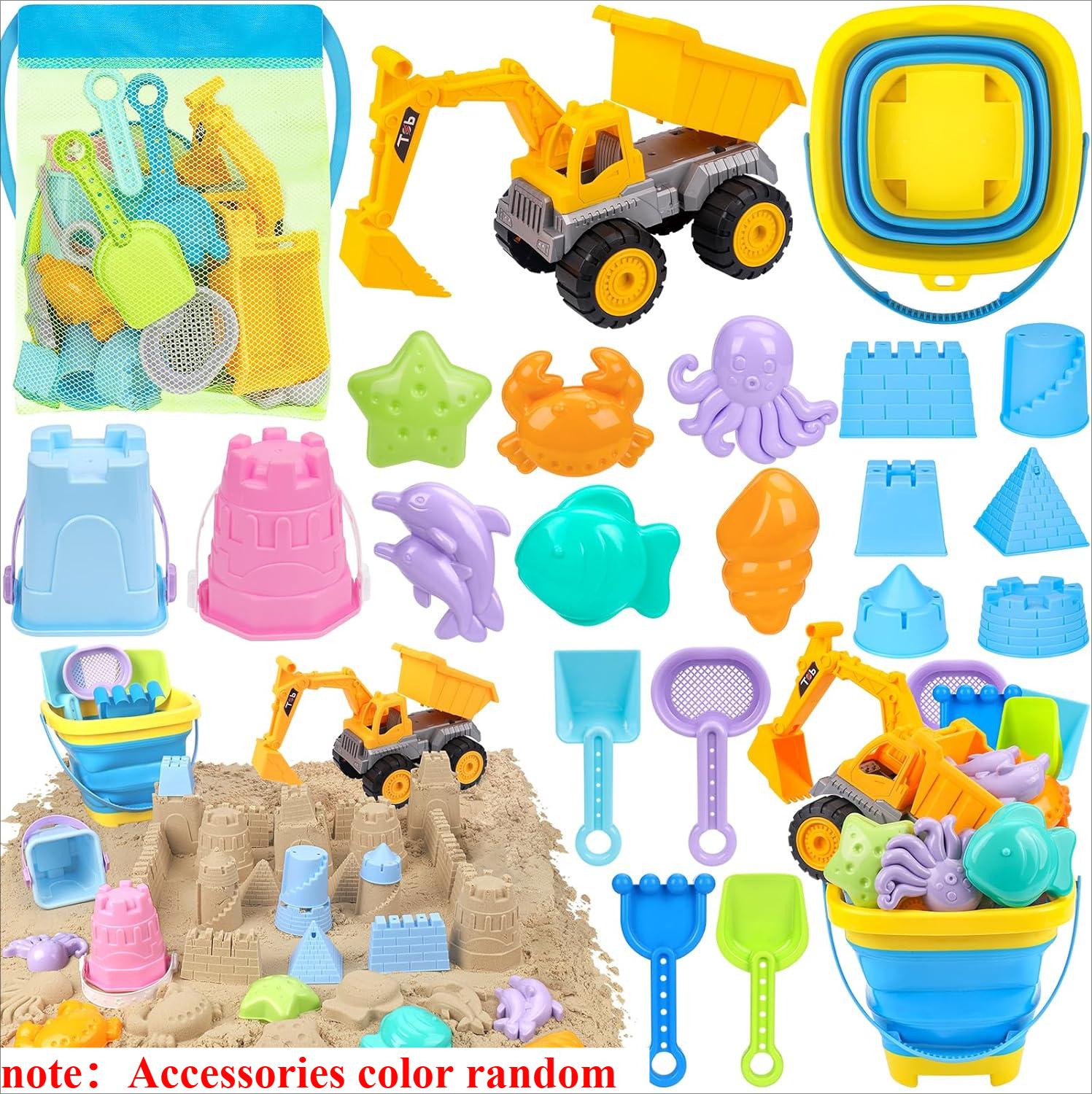 

Beach Toys Sand Toys For Toddlers Sandbox With Excavator Truck Collapsible Sand Bucket Castle Building Kit Animal Molds Mesh Bag