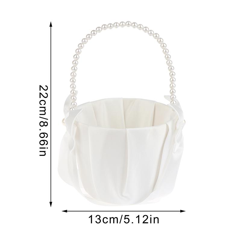 White Satin Flower Girl Basket with Pearl Handle - Wedding Ceremony Flower Petal Basket