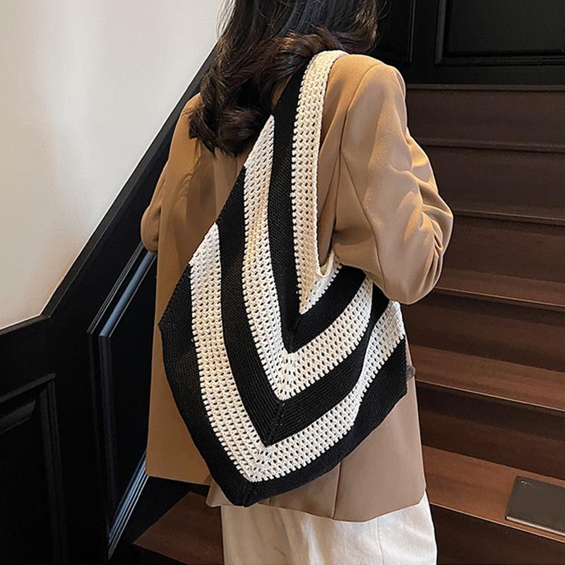 Women Crochet Tote Hollow Out Beach Large Capacity Fashion Knitted Hobo Simple Shopping Bag for Travel Vacation