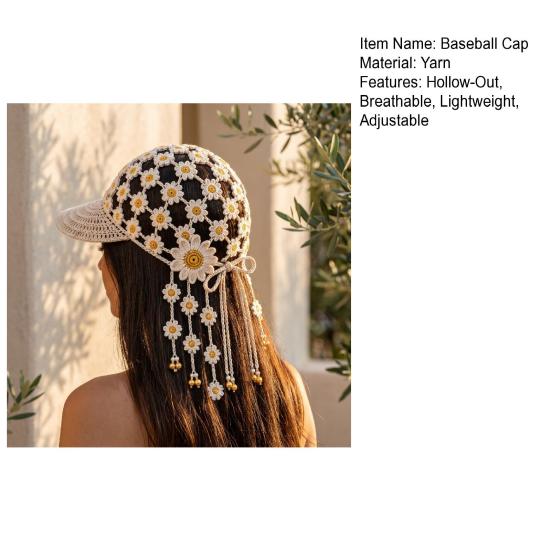 Breathable Summer Headwear Hand Crocheted Sunflower Baseball Cap, Bohemian Tassel Bell Hat, Handmade Knit Cutout Floral Spring Fashion Cap Beanie