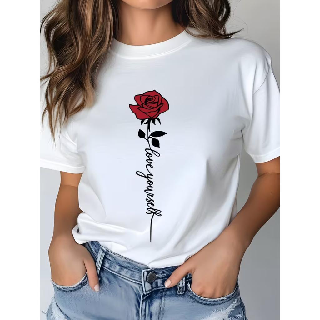 Red Rose Graphic Print T-Shirt for Women Casual Short Sleeve Tee Comfortable Crew Neck, Soft Adorable Tees Tops