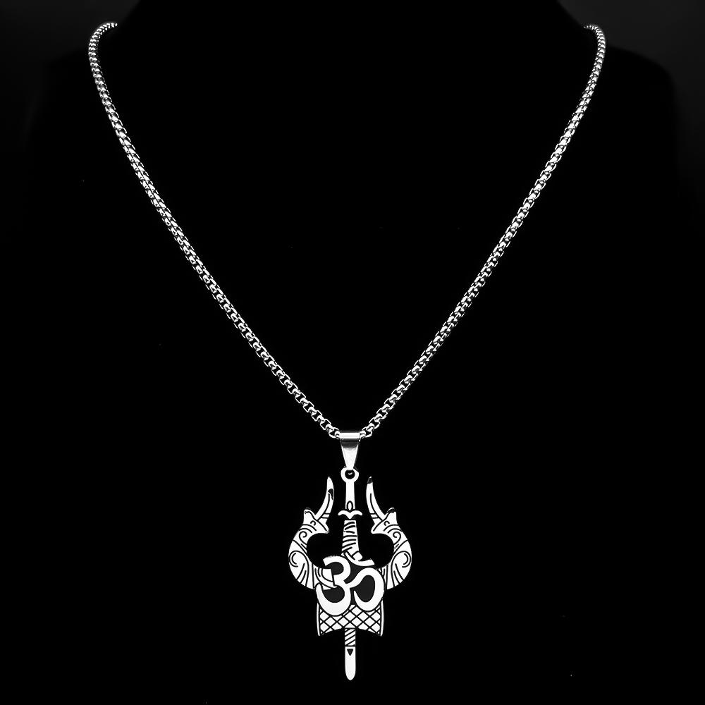 Stainless Steel Hinduism Yoga Shiva Trishula Om Symbol Pendant Necklace Women Men Silver Color Buddhism Hindu Chain Jewelry