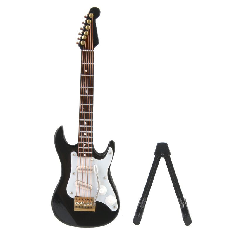 Delicate 14 Cm Mini Wooden Electric Guitar Model Ornaments Collection With Stand(Black)