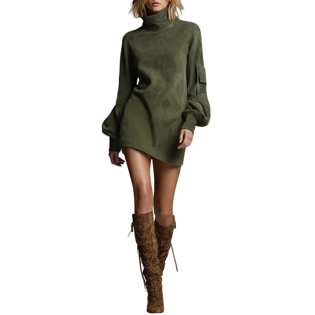 Women's High-neck Suede Short Dress, Solid Color Long-sleeve Dress For Fall And Winter
