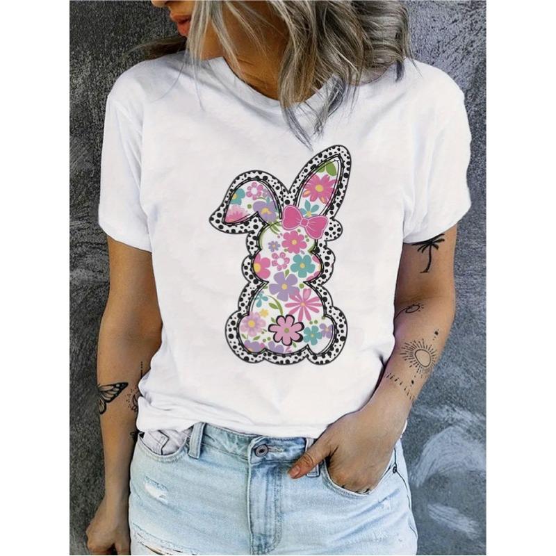 

Women s Easter Bunny Floral Print Crew Neck Short Sleeve Casual Lightweight Summer Spring Tee 4XL білий