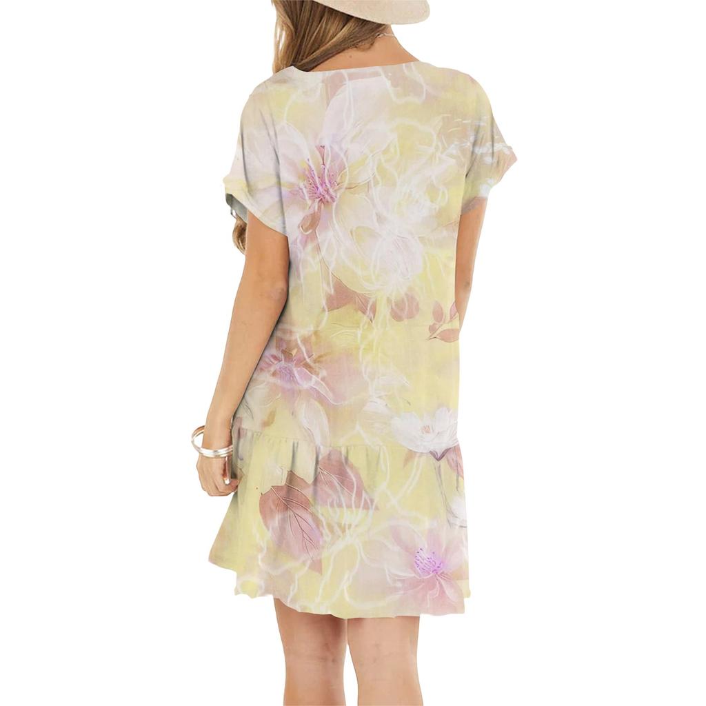 Women's Fashion Casual Round Neck Short Sleeve Ruffled Vintage Printed Dresses