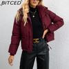 BITCED Women's Short Stand-Collar Down-Filled Cotton Jacket Simple Oversized Fit Zip-Up Puffer Coat Cotton Outerwear