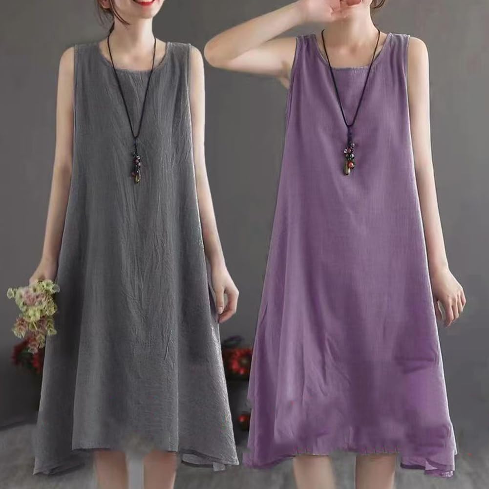 Summer Maxi Solid Plus with Crew Super Resort Dark [SDSXZWG] Women's Dress, Cotton-Linen, Sleeveless, A-Line, Flattering, Size, Neck, Lightweight,