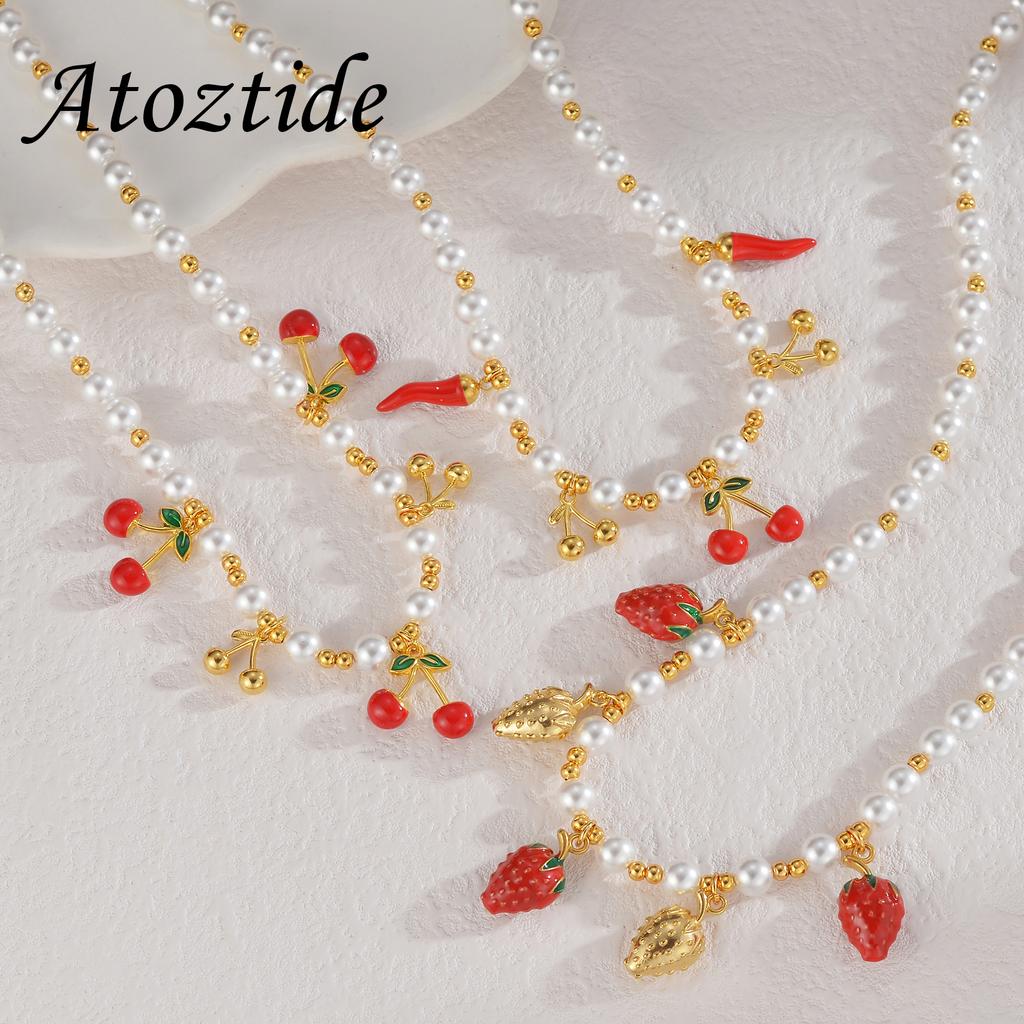 Atoztide Trendy Cherry Charm Necklace for Women Stainless Steel Imitation Pearl Chain Temperament Clavicle Chain Jewelry Gift
