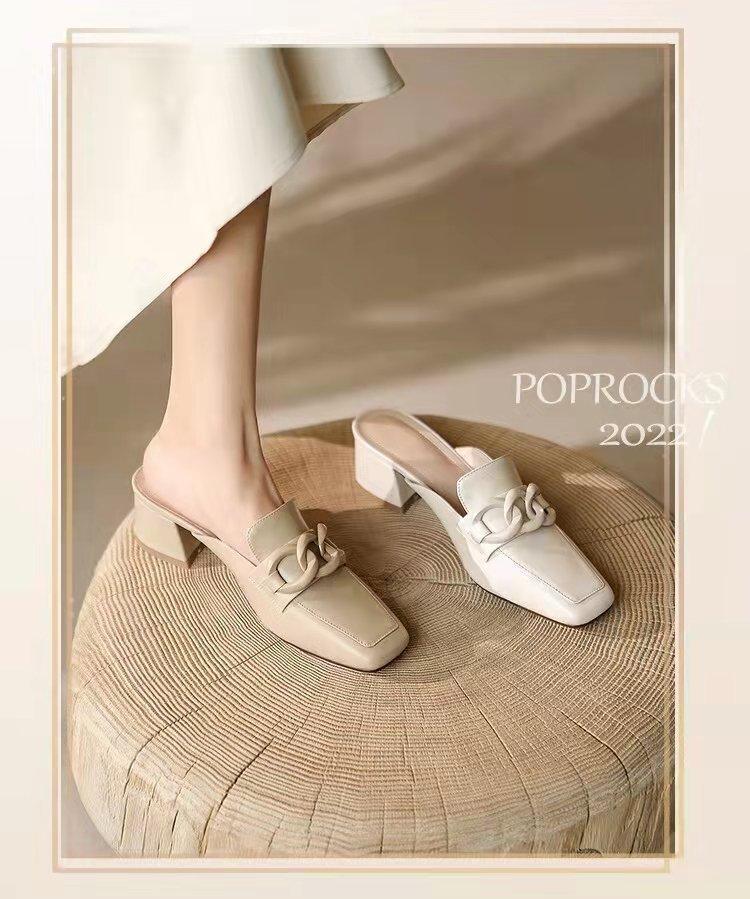 Square Head New Summer Bag Head Half Slippers Cool Slippers Fashion Casual Temperament Medium Heel White Muller Thick Heel