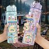 1PC Doodle Sticker Collage Cartoon Pattern 750ml Color Plastic Sports Water Bottle Leakproof Flip Straw Lid Suitable for Sports Office Home Use