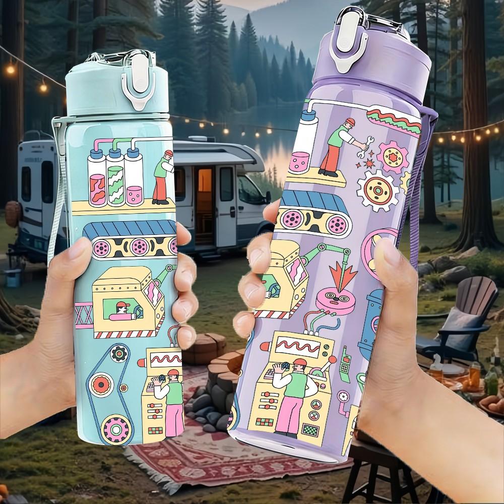1PC Doodle Sticker Collage Cartoon Pattern 750ml Color Plastic Sports Water Bottle Leakproof Flip Straw Lid Suitable for Sports Office Home Use