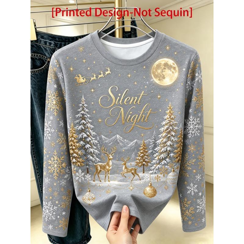 Women's elegant long sleeves, Christmas starry sky, elk and snowflake print, round neck bottoming shirt, perfect for daily commuting