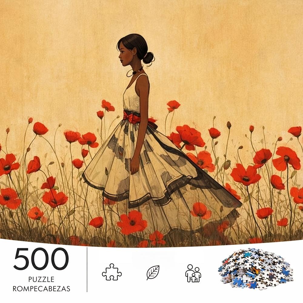 500pcs/Puzzle Game for Endurance And Logic Training - Exquisite Puzzle - (Red Dress Standing at The Beauty of The Jungle with Warm Yellow Background)