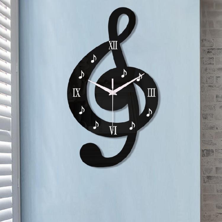 Analoge Wanduhr aus Acryl, schwarz, mit 3D-Musiknoten-Design, leises Uhrwerk, Hängeuhr-Dekorationen, einfache Hakenmontage