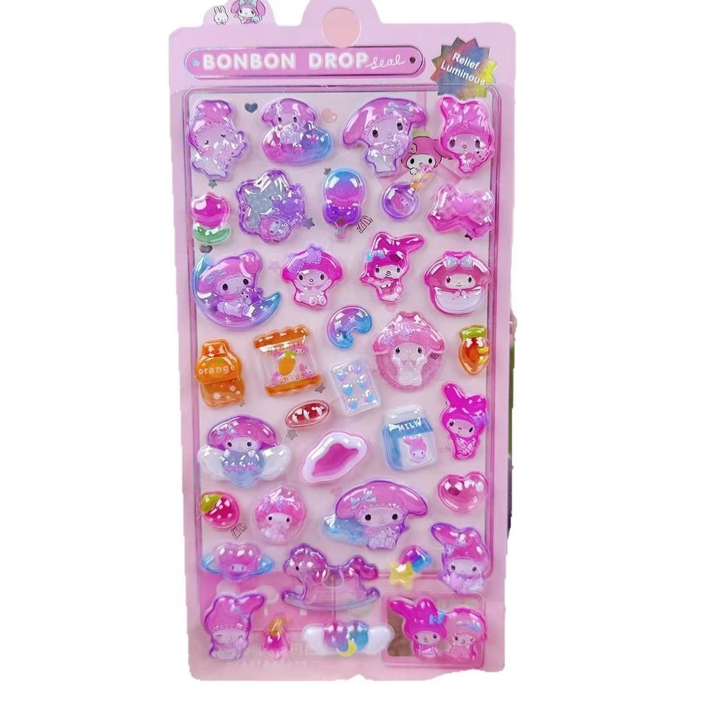 8pcs Kt Kuromi Melody Originality Luminous 3d Relief Sticker Waterproof Lovable Decorative Stickers Cartoon Crystal Sticker