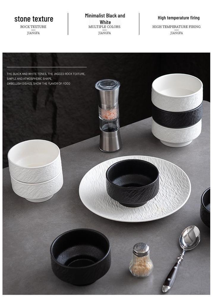 Black and White Ceramic Rice Bowl - Rock Texture Household Tableware for Soup, Salad, Dessert