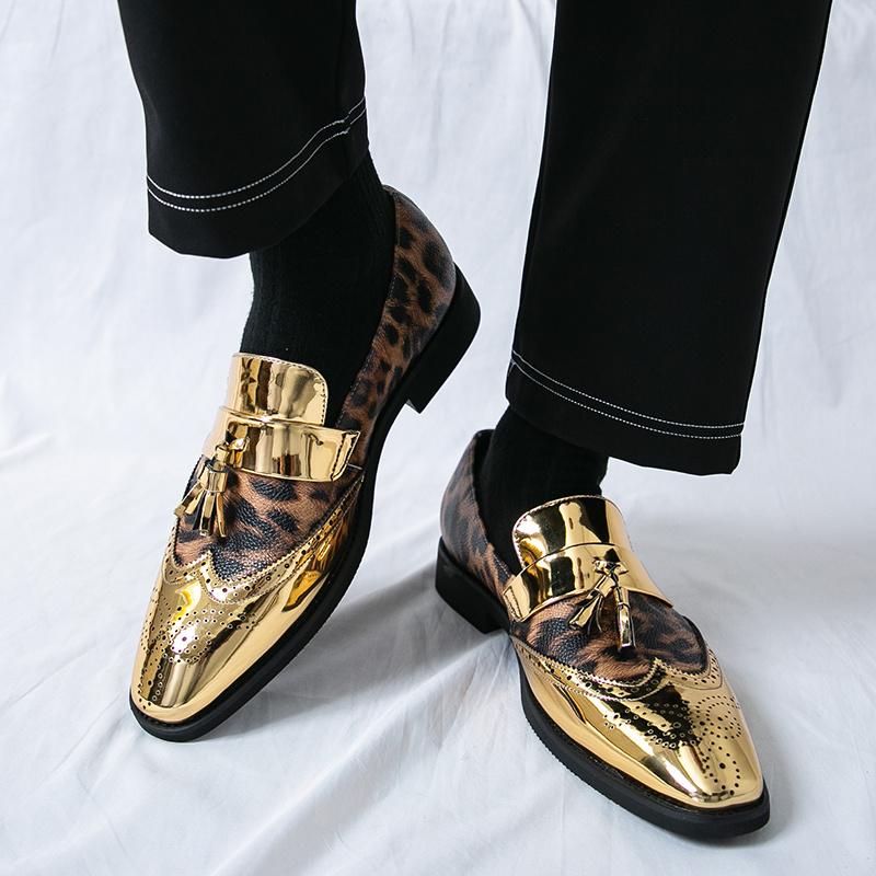 Leopardenmuster Herren Anzugschuhe Große Größe 48 Luxus Hochzeitsfeier Schuhe für Mann Lackleder Goldene Schuhe Herren sapato social