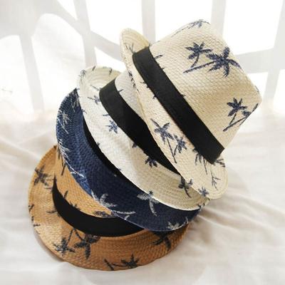 Coconut Trees Pattern Straw Hat UV Protection Panama Cap Summer Jazz Hat  Children Kids