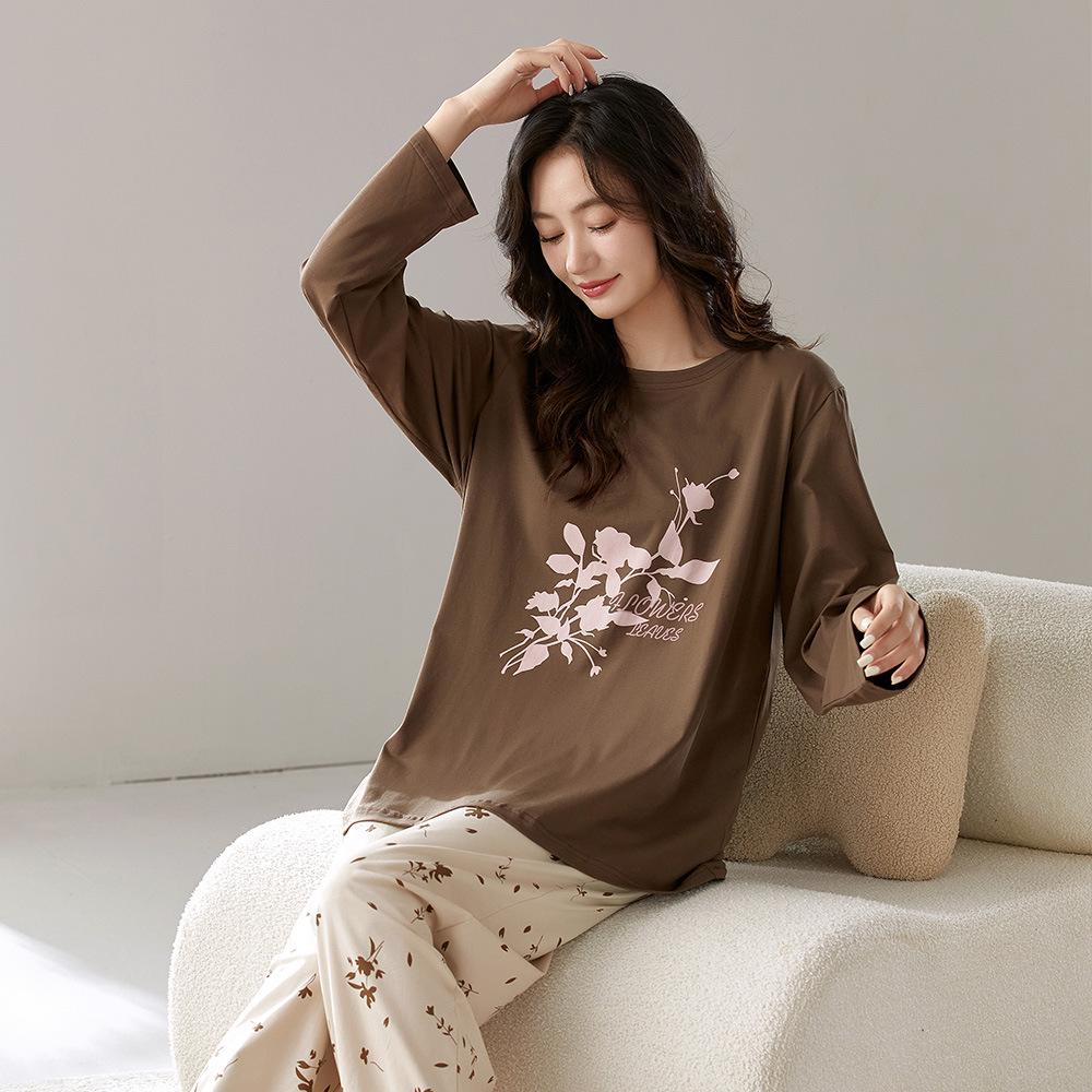 Women's Long Sleeve, Long Pants Pajama Set - Round Neck, Lycra Cotton, Lightweight, Simple Style, Autumn Homewear, Two-Piece Set