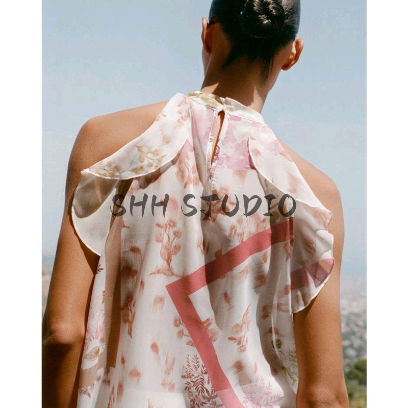 Summer New Product Women's Clothes Turtleneck Sleeveless Translucent Flower Print Laminated Decoration Tops 2298125