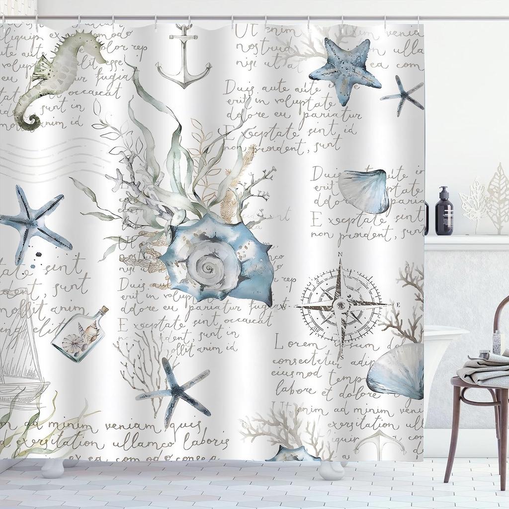 Coastal Turtle Shower Curtain Fish Coral Starfish Seashell Blue Ocean Beach Shower Curtains for Bathroom Waterproof Polyester Fa