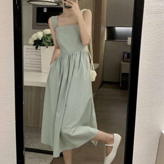 Čtvercový výstřih Bez rukávů Jednobarevné Zúžené v pase Letní šaty Sladké Elastický ramenní popruh Rozšířený velký lem Šaty na ramínka Streetwear