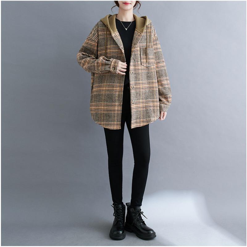 Women S Plus Size Hooded Plaid Wool Blend Shirt Coat For Autumn Winter