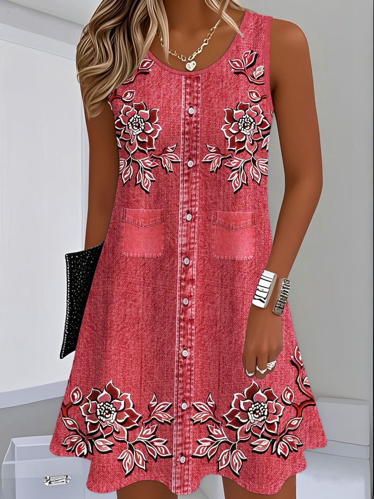 Standard dress for summer, milk thread fabric, digital print slip dress with faux denim, sleeveless straight-leg loose fit