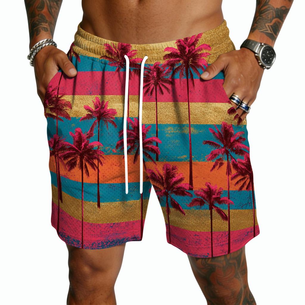 Men Drawstring Casual Shorts Lightweight Quick Dry Summer Shorts Five Inch Inseam with Tropical Tree Print for Outdoor Beach Sports