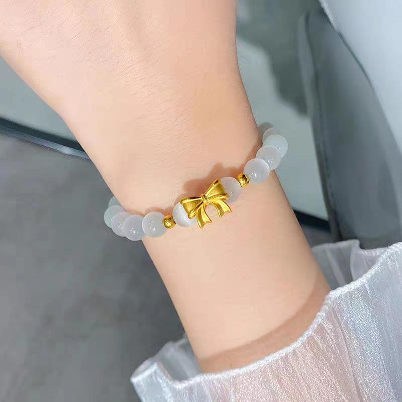 Vietnamese Gilt Brass Bow Bracelet with Cat's Eye Stone & Sand Gold Beads - Women's Elegant Jewelry