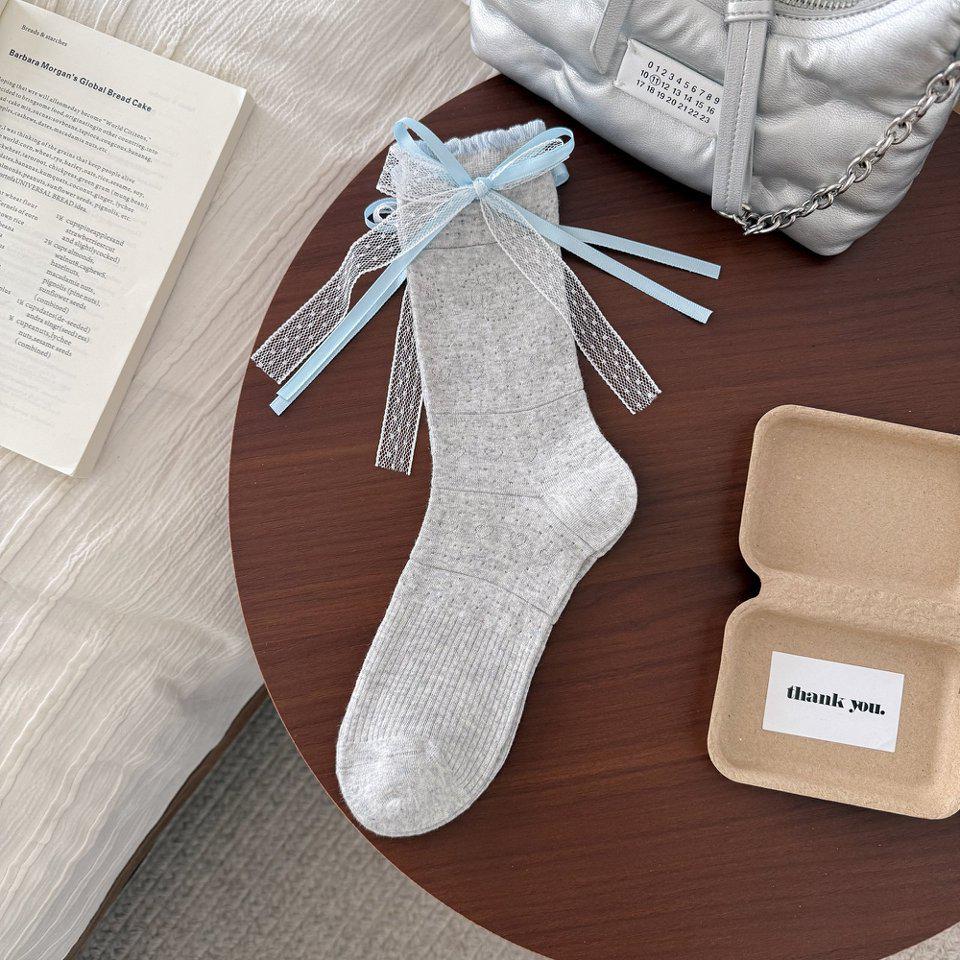 Miu-Style Bow Streamer Mid-Calf Ballet Socks - Spring & Summer JK School Style Women's Versatile Slouch Socks
