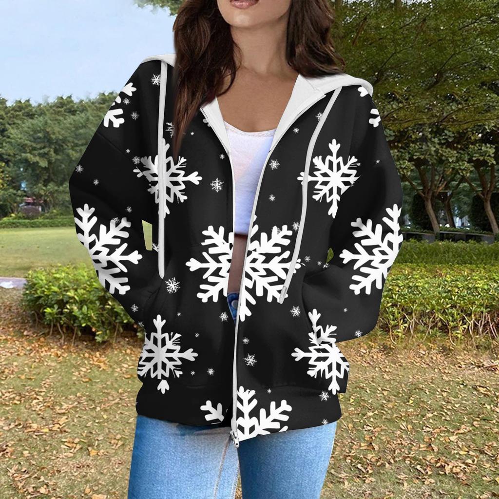 Women's Fashion Casual Christmas Print Long Sleeve Sweatshirt Pocket Jacket Zipper Hoodie Coat